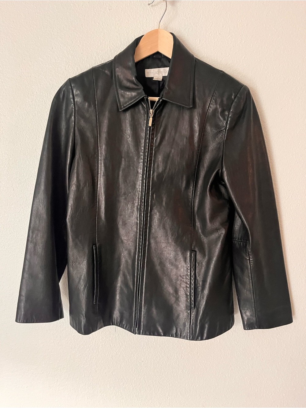 Petite Sophisticate Black Leather Zip-Up Jacket soft